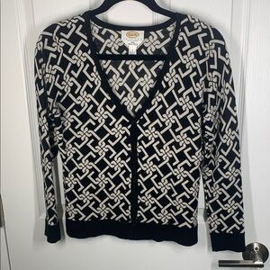 Talbots black and white chain print merino wool cardigan size petite small